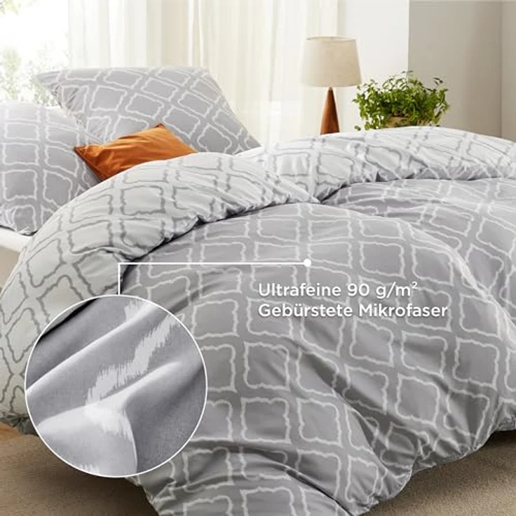 BEDSURE Bettwäsche 135x200 2teilig Bettbezug - Bettwäsche-Sets 135x200 cm mit Kissenbezug 80x80 cm, Weich Wendebettwäsche Bedding Gitter Grau Muster für Einzelbett mit Reißverschluss – Bild 5