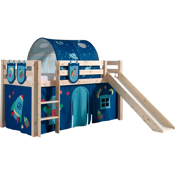 Vipack 'Pino' Halbhochbett, inkl. Rutsche und Textilset 'Astro', Holz Natur, 90x200 cm