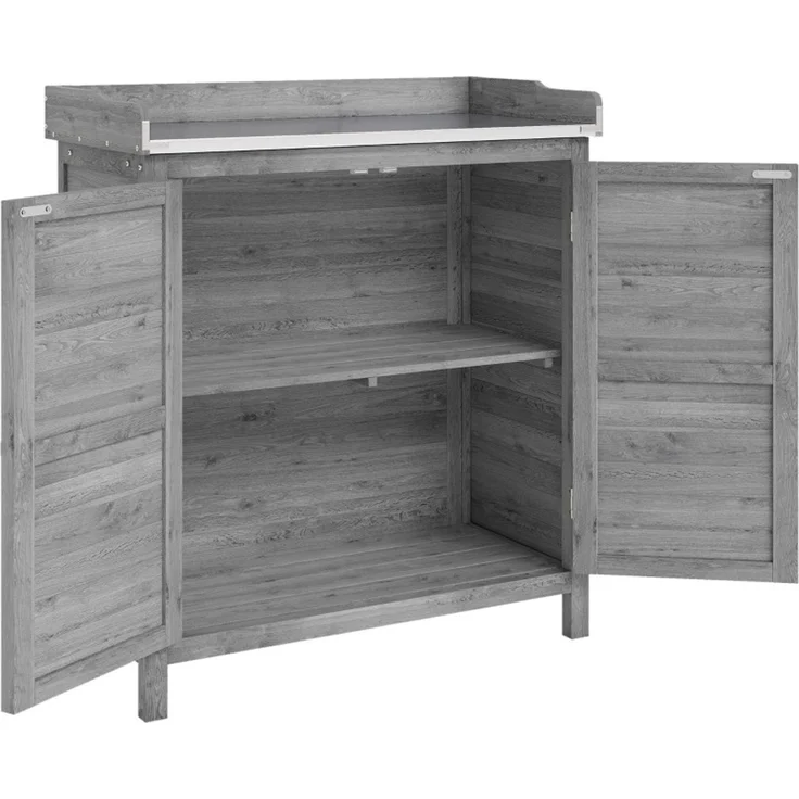 Gartenschrank mit Pflanztisch, 92 cm hoch, aus Fichtenholz mit verzinkter Arbeitsplatte, grau – Bild 4