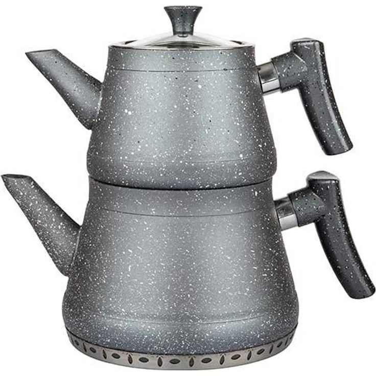 Teekanne Caydanlik Teekessel und Wasserkessel Außenbeschichtung in Granitoptik Silber mit Kunststoffgriff