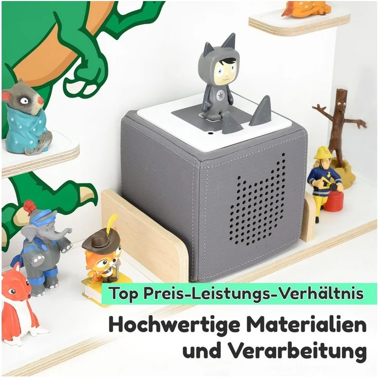 stadtecken Holzregal für Musikbox I Geeignet für die Toniebox und ca. 50 Tonies I Perfekte Tonie Aufbewahrung im Kinderzimmer I Zum Aufstellen oder Aufhängen (T-Rex, Groß)