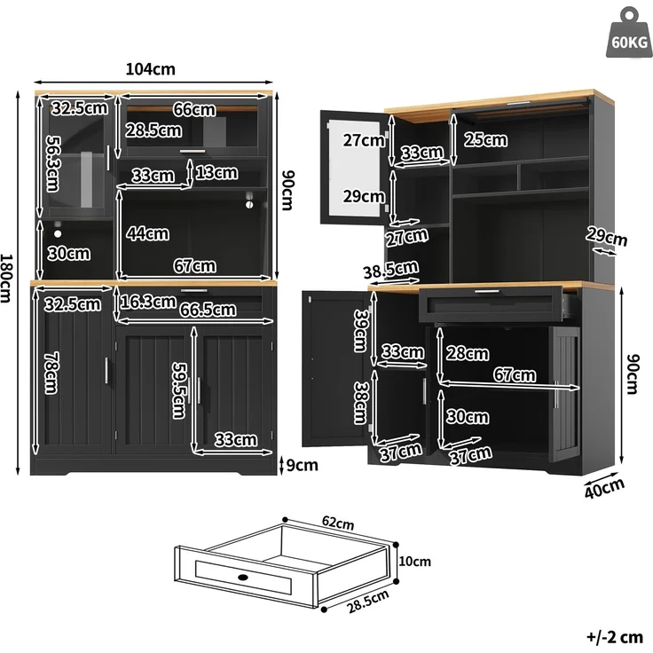 Küchenschrank, Hochschrank / Vitrine mit LED-Beleuchtung, 104x40x180 cm, weiß/schwarz, für Küche & Wohnzimmer--Schwarz--104x40x180cm--YOUDENOVA – Bild 6