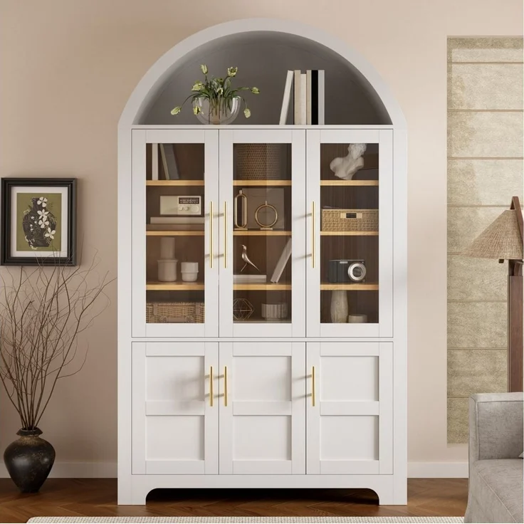 Merax Hochschrank mit 3 Glastüren, 3 geschlossenen Fächern & verstellbaren Einlegeböden (110 L x 40 B x 185 H cm, 1-St) Vitrinenschrank mit Bogen-Nische, Mehrzweckschrank, Wohnzimmerschrank – Bild 3