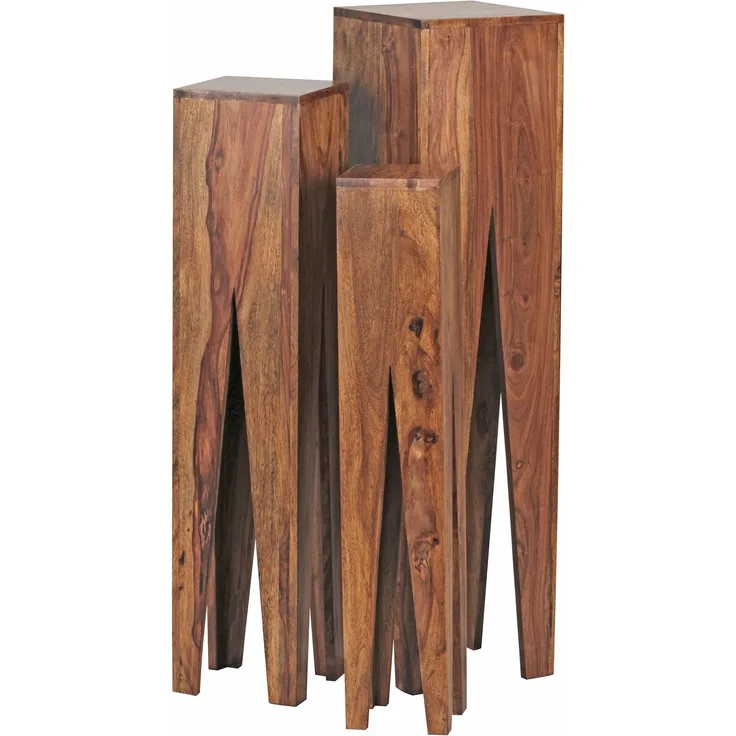 Wohnling 3er-Set Beistelltisch, Säulen, Massivholz Sheesham, Ø 25/20/15 cm