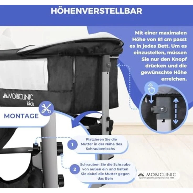Mobiclinic®, 3-in-1-Babybett, Night, Beistellbett, Höhenverstellbar, Matratze, Moskitonetz, 360°-Rollen, Gurte, Aufbewahrungskorb, Bis 20 kg, Schwarz – Bild 5
