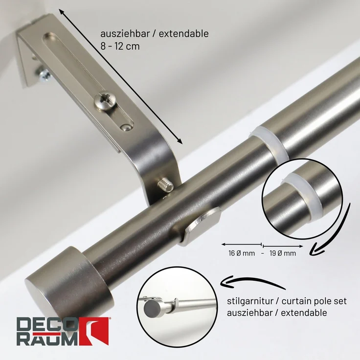 Deco-Raum Gardinenstange Flexa Stilgarnitur Set ausziehbar, Ø 19 mm, 1-läufig, ausziehbar, Wandmontage, verschraubt, Metall, perfekt für Dekoschals Gardinen – Bild 2