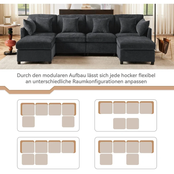 Big-Sofa mit Rückenkissen, Zierkissen und loser Kissen, 6-Sitzer Sofa, L-Form, U‑Form, Chenille Bezug – Bild 4