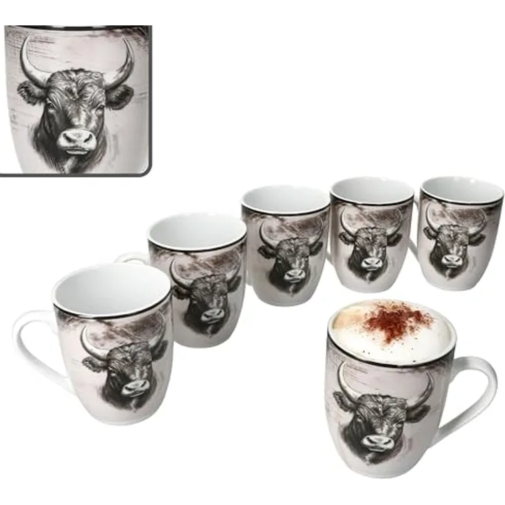 MamboCat Becher Toro 6x Kaffeebecher 280ml Porzellan-Tassen 6 Pers Alm Kuh Landhaus, Porzellan