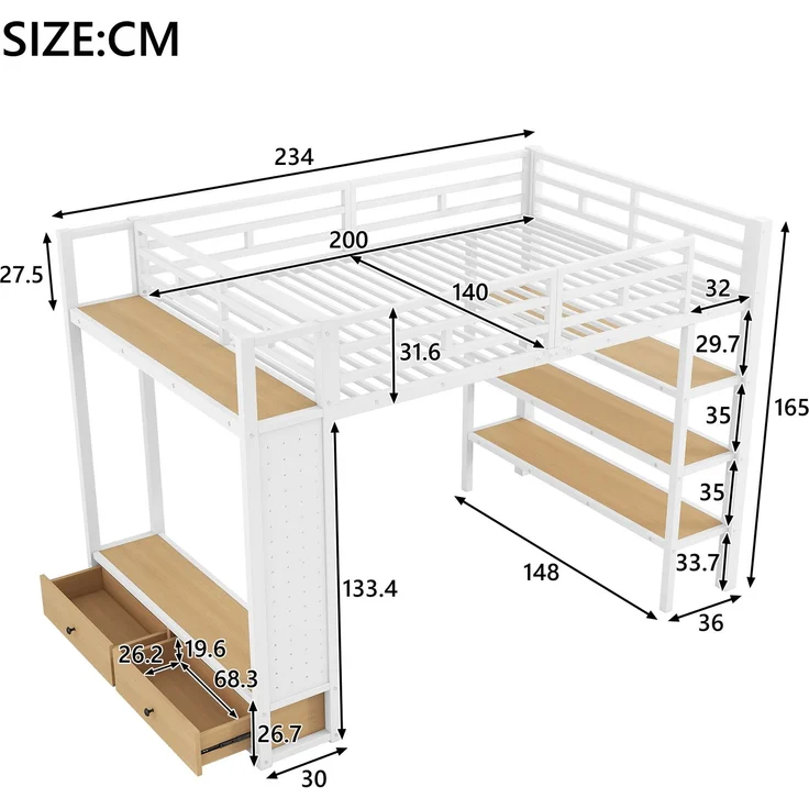 EINHOM Hochbettgestell 140 x 200 cm mit Offenem Kleiderschrank, Metall-Hochbett mit Ablagefächern, Lochwand und LED-Beleuchtung, Weiß (Ohne Matratze) – Bild 2