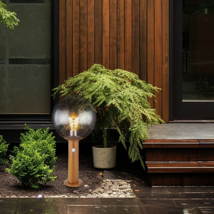 Sockelleuchte, Glaskugel, Holzoptik, Bewegungsmelder, H 38 cm – Bild 3