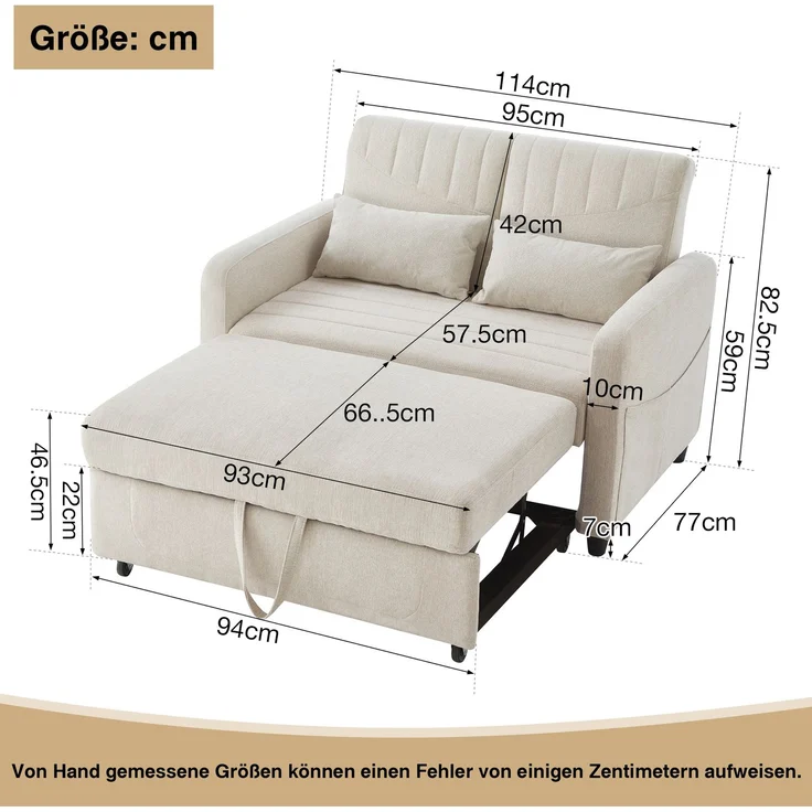 2-Sitzer Schlafsofa ausziehbar Baumwoll-Leinen, verstellbare Rückenlehne, Doppelbett Sofa für Wohnzimmer,Beige – Bild 10