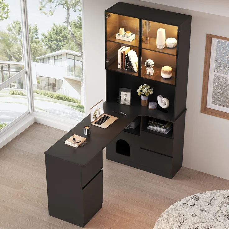 Flieks Eckschreibtisch mit LED-Vitrine & Regal 120×80×180 cm, Computertisch mit 3 Schubladen, 2 Türen, Haustierfach, Rechte Ecke, Schwarz – Bild 4