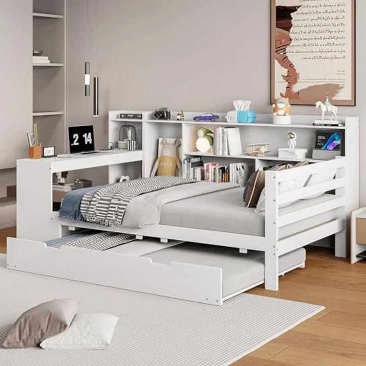 Odikalo Ausziehbett Daybett Schlafsofa Schreibtisch Regal Ablagefach Weiß/Grau 90/140 – Bild 7