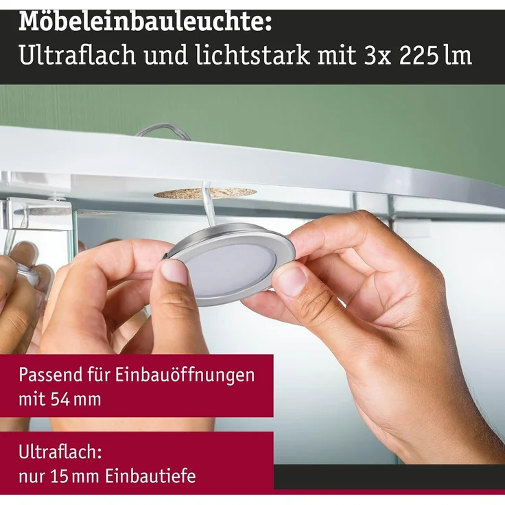Paulmann LED Möbel-Einbauleuchte eisen gebürstet Ø 6,5 cm warmweiß 3er Set – Bild 3