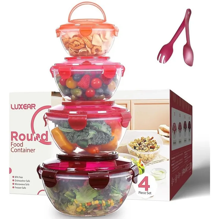 Elegear Müslischale Salatschüssel mit luftdicht Deckel, 4,5L/3,2L/1,8L/1L Salatschüssel, ABS, (1-tlg), mit Tragegriff Gabeln Löffel, Stapelbar Schüsseln Frischhaltedosen
