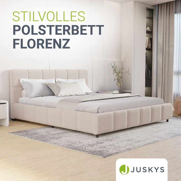 Juskys Polsterbett Florenz 180 x 200 cm mit Matratze – Bouclé, modernes Bett mit Kopf- & Fußteil, stabilem Holz- & Metallrahmen, Lattenrost, 500 kg Tragkraft – Beige – Bild 2