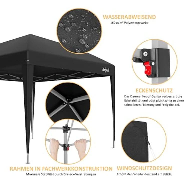 Zelsius Faltbarer Pavillon 3x3 m, Schwarz, UV30 Schutz, wasserabweisend, klappbar mit Tragetasche, ideal für Garten und Veranstaltungen – Bild 4