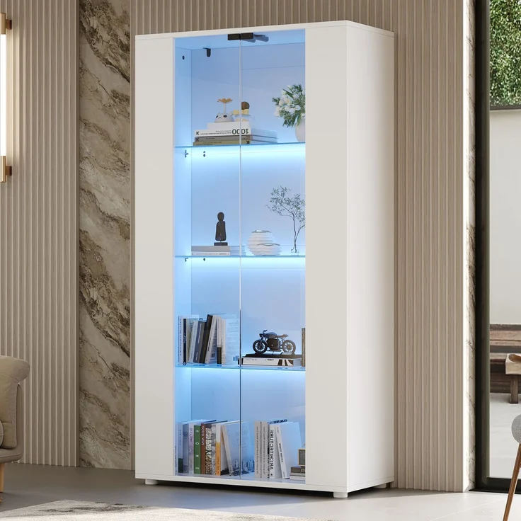 Vitrinenschrank mit 2 Glastüren, 4 Ablageflächen und verstellbarer LED-Beleuchtung – modernes Design für Wohnzimmer,Weiß,80×36×150cm – Bild 2