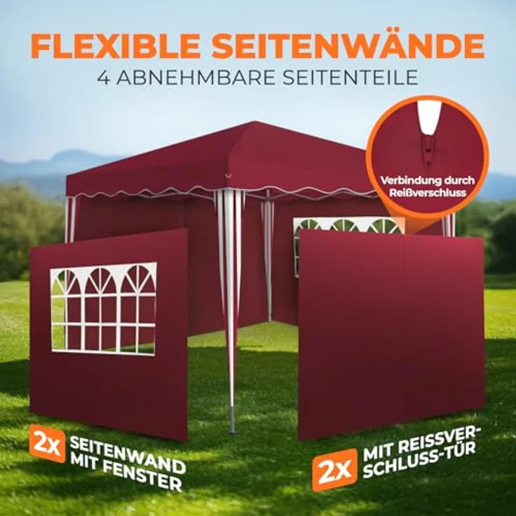 Faltpavillon 3x3 m - wasserdicht - mit 4 Seitenteilen, rot – Bild 7