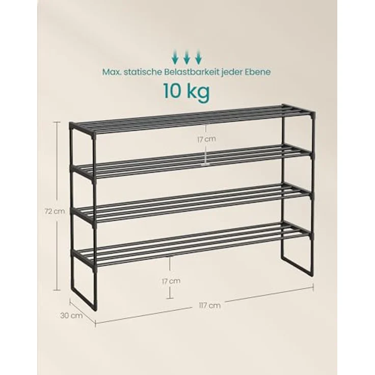 SONGMICS Schuhregal 4 Ebenen, Schuhständer Metall, Schuhaufbewahrung, Schuh-Organizer, aufrecht oder umgedreht, für 25-30 Paar Schuhe, stapelbar, Flur, 30 x 117 x 75 cm, schwarz LSA034B01 – Bild 3