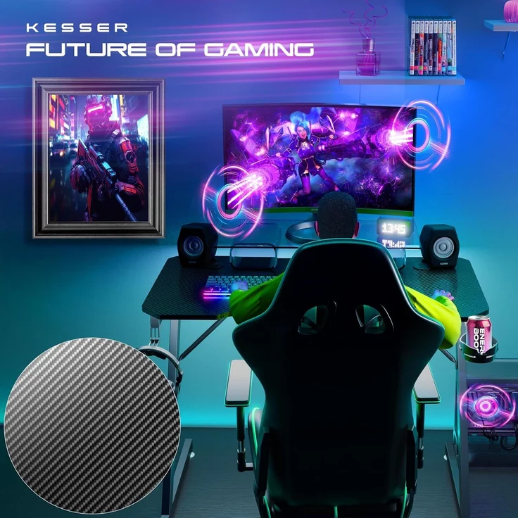 KESSER® Gaming Tisch LED | Z-Form Gamer Schreibtisch | Kopfhörerhaken & Kohlebeschichtung | Ergonomischer PC Computertisch | Stabiler Tisch mit Mauspad & Getränkehalter 120 x 60 cm, Schwarz Carbon – Bild 4