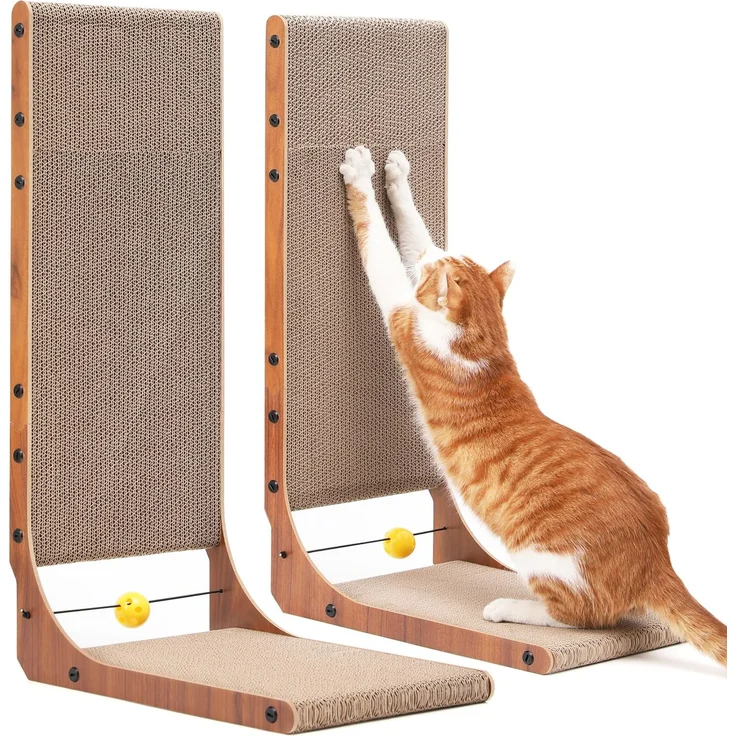 FUKUMARU Kratzbrett Katzen 2er Set, 68 cm hoch L-förmige Kratzpappe aus vertikalem Karton, widerstandsfähig Katzenkratzbrett mit Ballspielzeug, Farbe Nussbaum – Bild 1