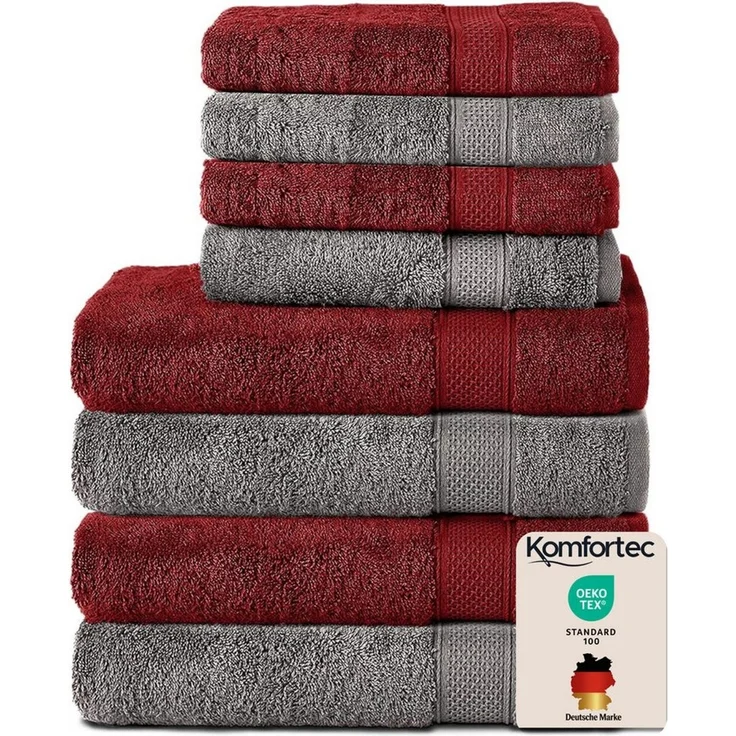 Komfortec 8er Handtuch Set aus 100% Baumwolle, 4 Badetücher 70x140 und 4 Handtücher 50x100 cm, Frottee, Weich, Towel Groß, Anthrazit Grau/Aurorarot – Bild 5