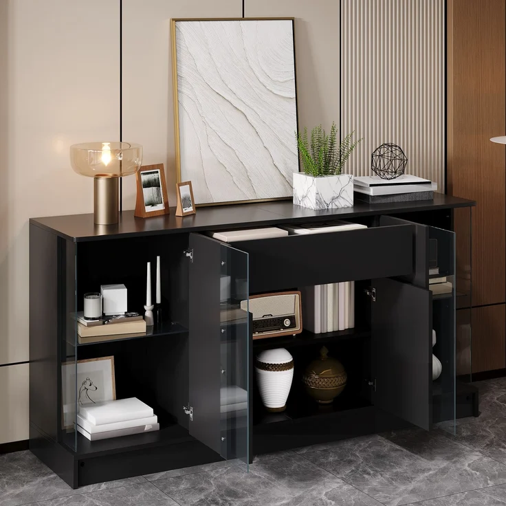DESVIAE Sideboard Schwarz aus Spanplatte – 150x75x40 cm – LED-Beleuchtung, Glasvitrinen, Schublade – Bild 2