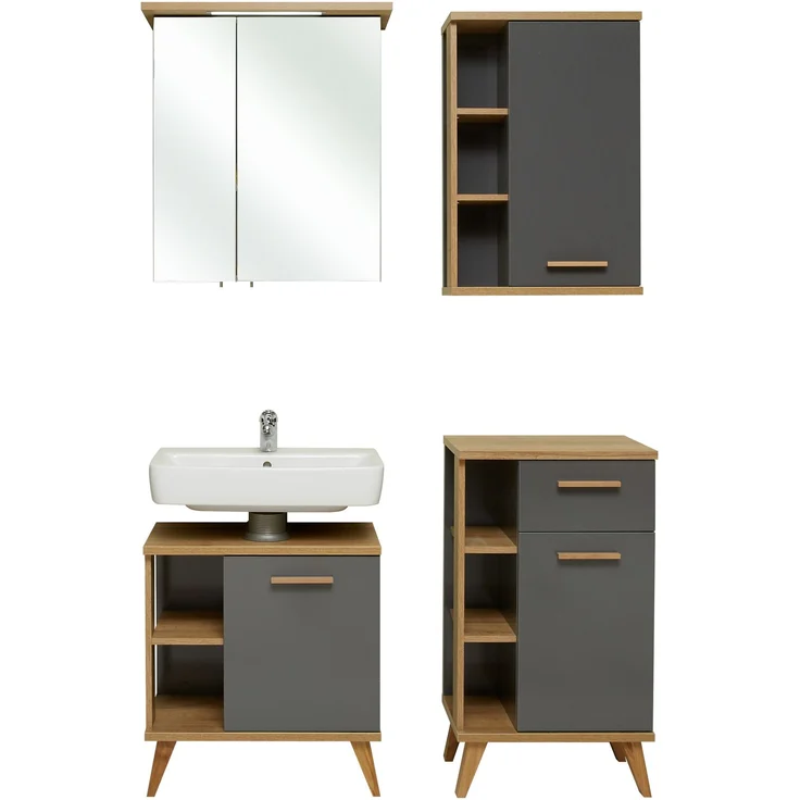 Pelipal Badmöbel-Set, Quickset 924, Quarzgrau Glanz/Riviera Eiche - Waschbeckenunterschrank, Spiegelschrank, Unterschrank mit Regal, Hängeschrank mit Regal – Bild 4