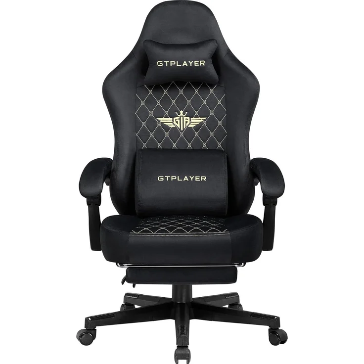GTPLAYER Gaming Stuhl Stoff Gaming Chair Ergonomisch Bürostuh PC Stuhl, 150kg Belastbarkeit, Verstellbarer und Drehbarer Schreibtischstuh mit Federsitzkissen und Fußstütze, Schwarz – Bild 1