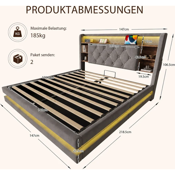 TavilaEcon Boxspringbett Samtbett, Polsterbett mit LED-Beleuchtung & USB-Ladefunktion grau Liegefläche 140 × 200 cm – Bild 2