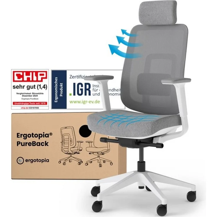Ergotopia 'PureBack' ergonomischer Bürostuhl mit Lordosenstütze & 4D-Armlehne, Grau, mit Kopfstütze – Bild 5