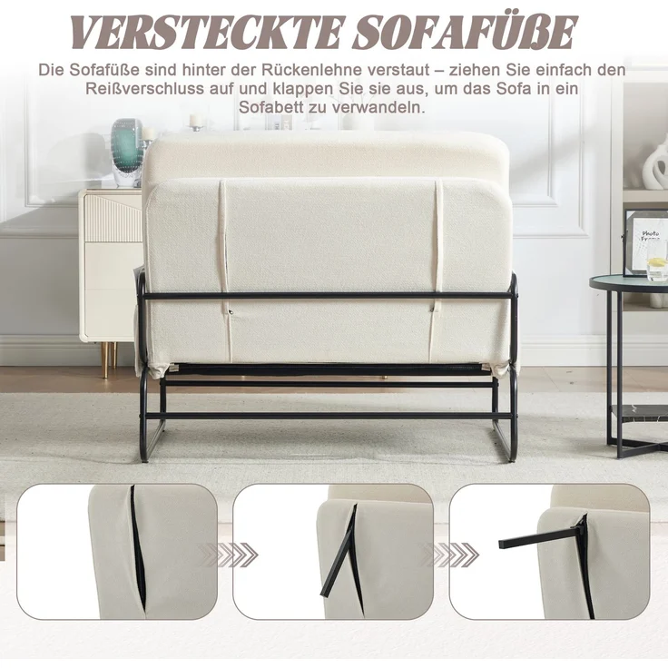 ZUBALIYA Schlafsofa 85x92 cm, mit Stauraum, mit Chenille - Bezug, mit breiten Armlehnen, mit Schaumstoffpolsterung, Beige – Bild 7
