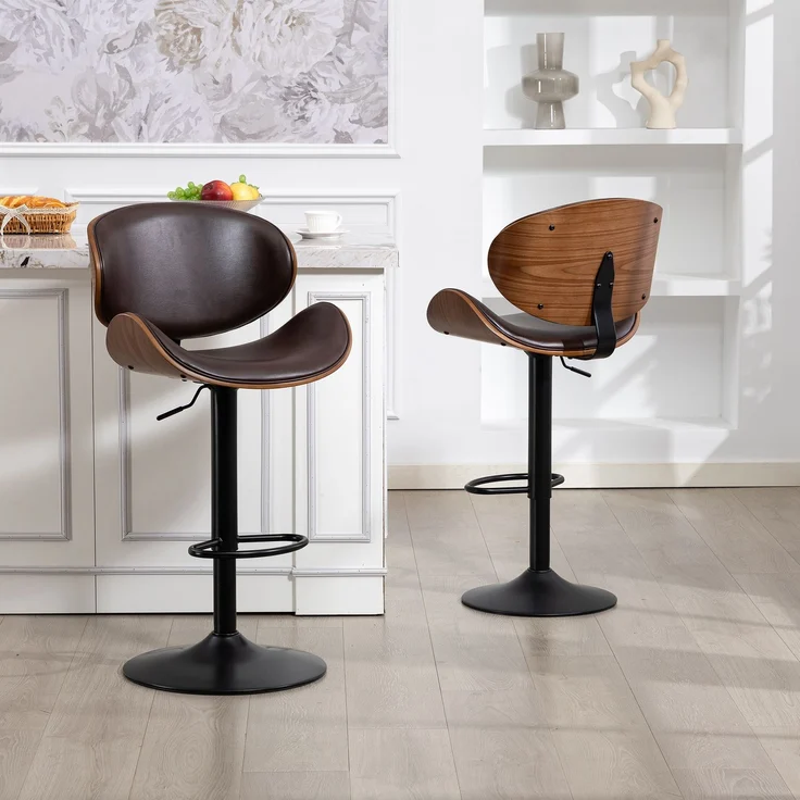Drehbare Barhocker, 2er-Set, höhenverstellbare Barhocker aus gebogenem Holz, Barstuhl mit PU-Lederbezug, ergonomischer Rückenlehne und Fußstütze, für Bar, Kücheninsel zu Hause(Brown PU Leather)--Braun--51x50x93cm--YOUDENOVA – Bild 10