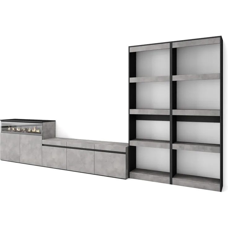 Skraut Home | Wohnwand Wohnzimmer | Wohnzimmermöbel, Möbelset | 370 x 186 x 35 cm | Für TV-Geräte bis zu 65" | Elektrokamin. | Moderner Stil | Zement