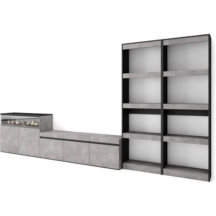Skraut Home | Wohnwand Wohnzimmer | Wohnzimmermöbel, Möbelset | 370 x 186 x 35 cm | Für TV-Geräte bis zu 65" | Elektrokamin. | Moderner Stil | Zement