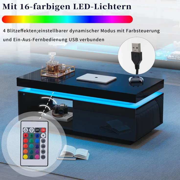 Hochglanz TV-Schrank 181cm & Couchtisch Schwarz LED Beleuchtung Wohnzimmermöbel modern elegant – Bild 6