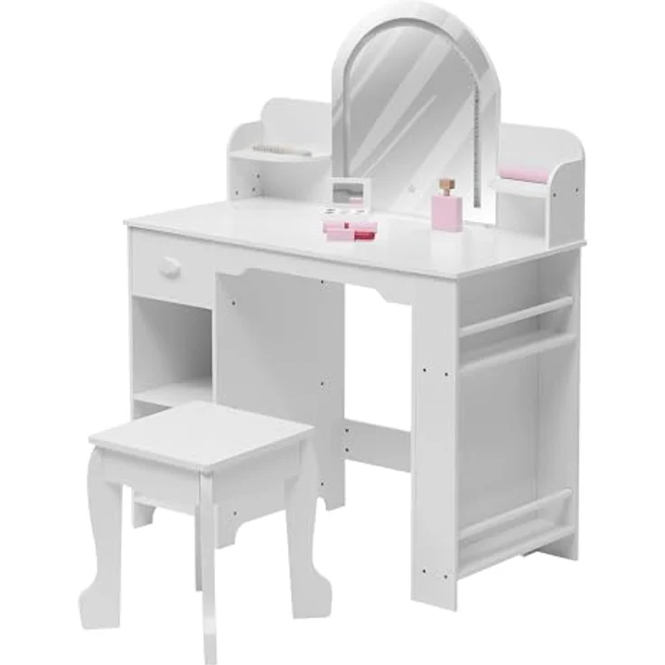 GarveeLife Schminktisch für Kinder mit Hocker und LED-Spiegel, Kleiner Schminktisch mit Schublade und 1 offenen Fächern, für Mädchen von 3-6 Jahren, weiß, inklusive Zubehör – Bild 7