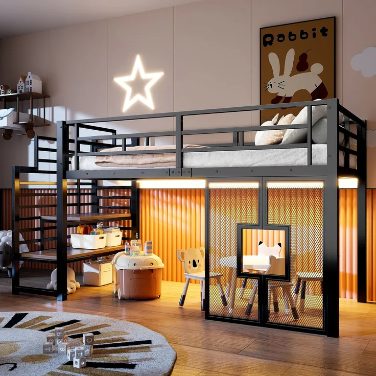 U-life Metall-Hochbett 90x200 cm mit Stauraumtreppe, LED-Beleuchtung und Fenster, Schwarz