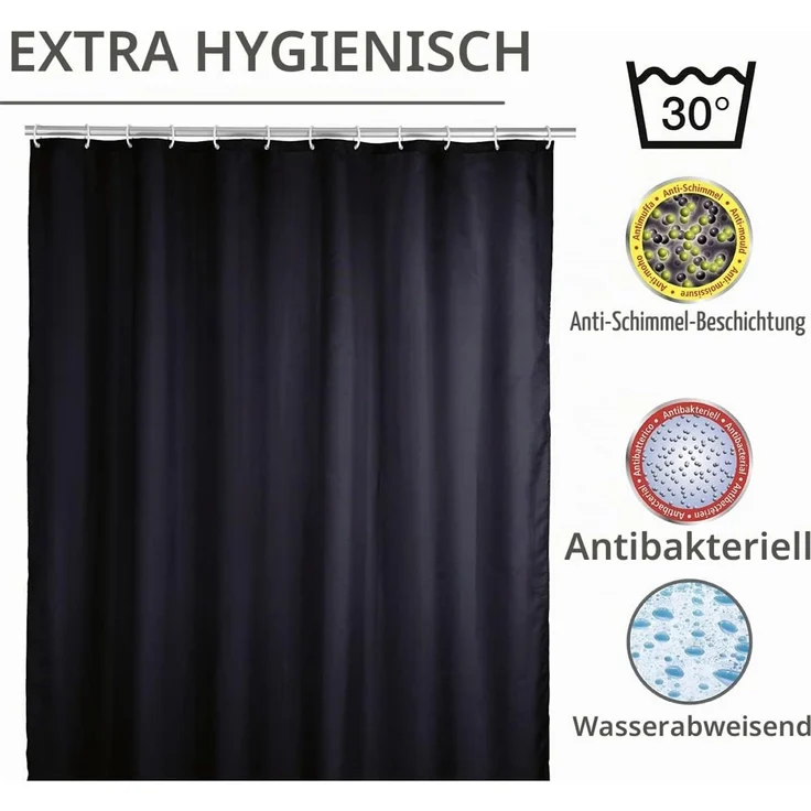 WENKO UNI Duschvorhang 180 x 200 cm, Schwarz, waschbar – Bild 5
