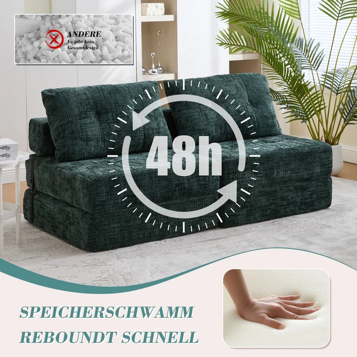 LVHOM Schlafsofa mit Schlaffunktion und Kissen, tragbares Klappsofa mit Rückenlehne, bis 200kg, für Wohnzimmer Büro, Grün – Bild 5