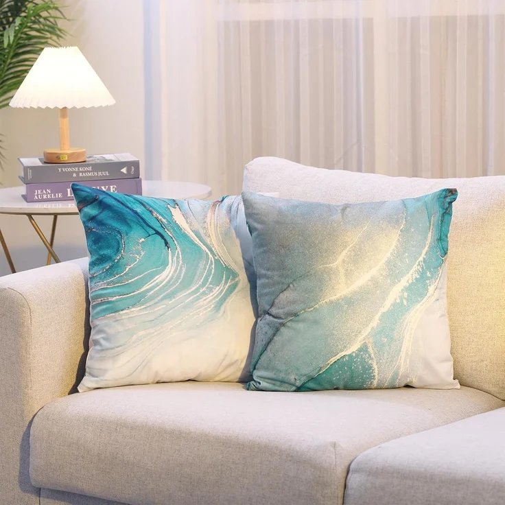 Velvet Kissenbezüge 45×45 cm 4er-Set Marmor Türkis & Gold, Luxus Fluid Art, Sofa Deko – Bild 5