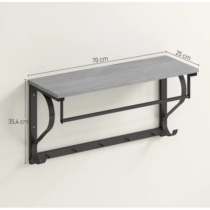 Wandgarderobe H 35.4 x T 70 x B 25 cm mit Ablage, 5 Haken und Garderobenstange – Bild 4