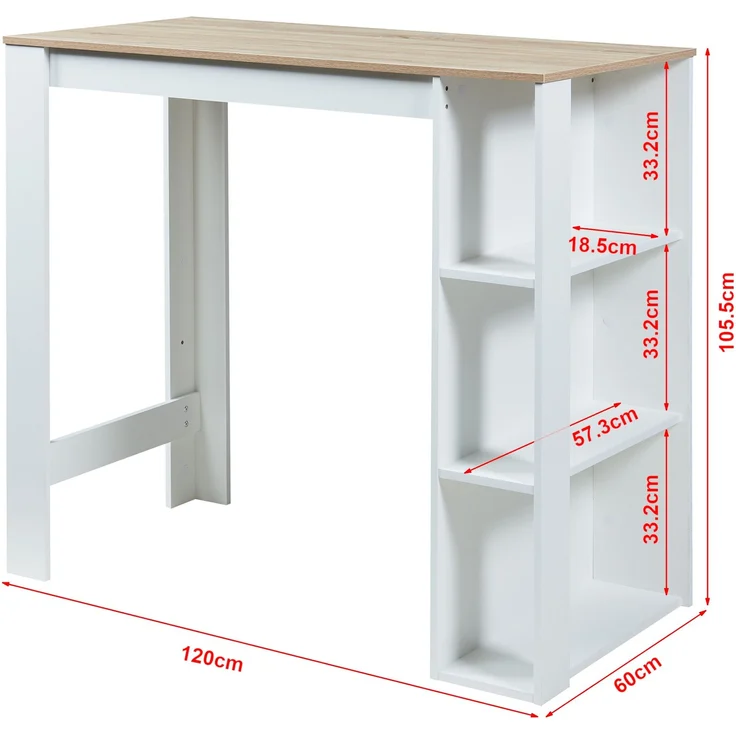 Bartisch Danderyd 120x60x106 cm mit 3 Ablagefächern Weiß/Eicheoptik [en. casa] – Bild 4