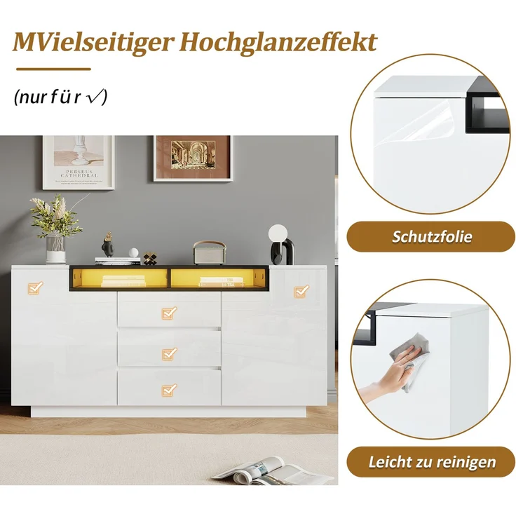 DESVIAE Sideboard mit LED-Beleuchtung und 3 Schubladen 140x68x40 cm Spanplatte Weiß/Schwarz – Bild 4