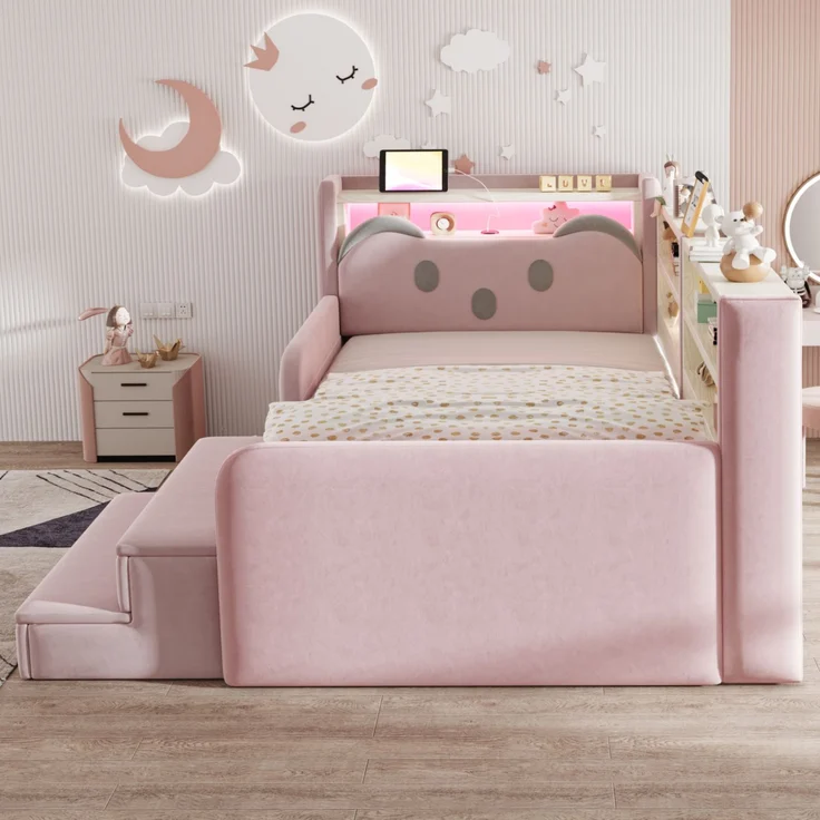 ZUBALIYA Polsterbett, mit Schubladen, mit Stauraum, mit LED-Beleuchtung, mit USB-Anschluss, inklusive Lattenrost, Liegefläche 90 × 200 cm, H 85 × T 218 × B 108.5 cm, Rosa, Samt – Bild 5