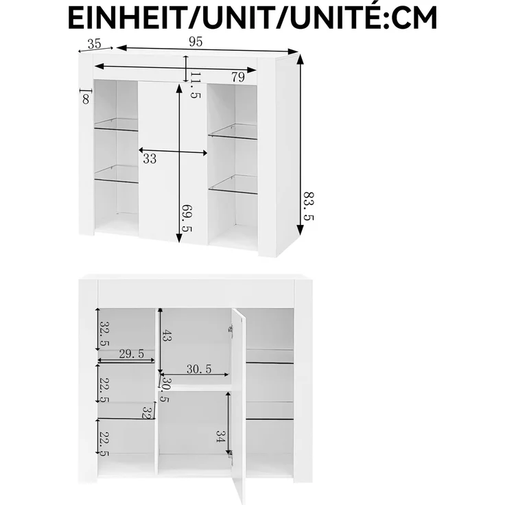 Abrihome Küchenschrank Buffet mit Glasregalen und Schranktür, Weiß, 83x35x95 cm – Bild 8