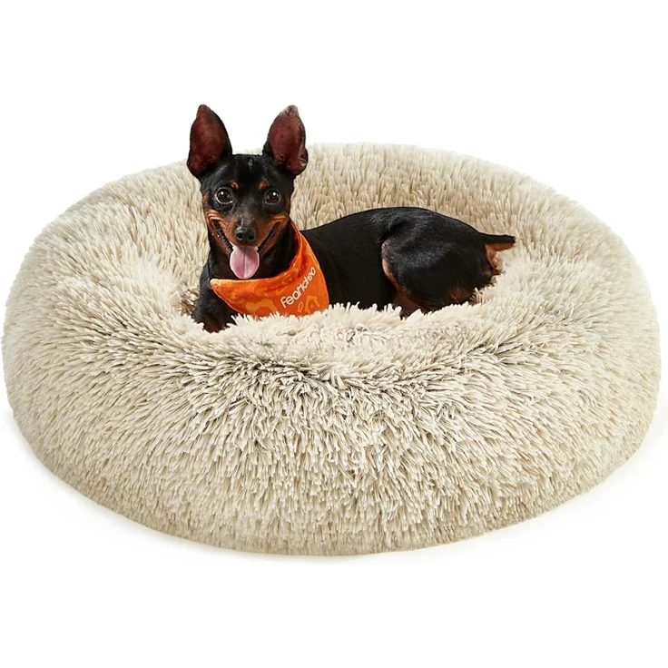 Feandrea Hundebett flauschig, Katzenbett, Donut Kissen, waschbar, Polsterung in der Mitte herausnehmbar, Langer Plüsch, 60 cm Durchmesser, Ombré-Khaki PGW038S01