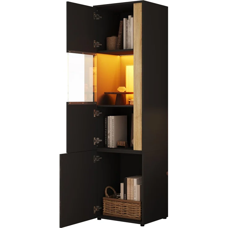 Vitrine, Aufbewahrungsmöbel, hoher Schrank mit LED-Beleuchtung, 2 Türen (eine davon aus Acryl). Geeignet für Wohnzimmer, Büros und Küchen. Schwarz+Natural. Maße: B50 x T40 x H179 cm. – Bild 10