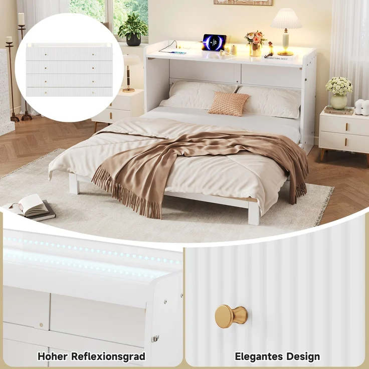 Kinderbett 140x200 cm in Weiß mit Hochglanz-Oberfläche, LED-Lichtleiste, USB-Anschluss und Schubladen – Bild 10